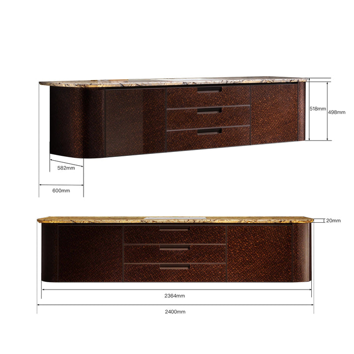 Dimension drawing of walnut custom bathroom vanity with marble countertop