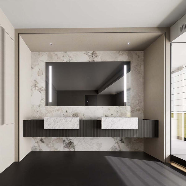 Modern wall mounted custom bathroom vanity with marble double sinks