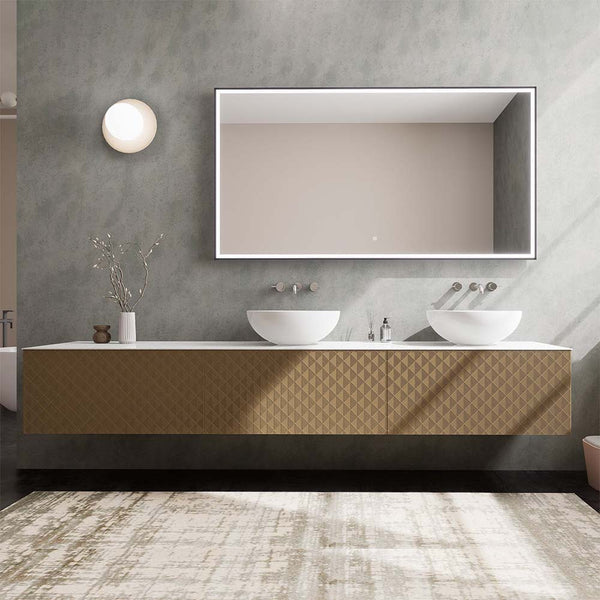 Custom bathroom vanity with double sinks and LED mirror in gold finish