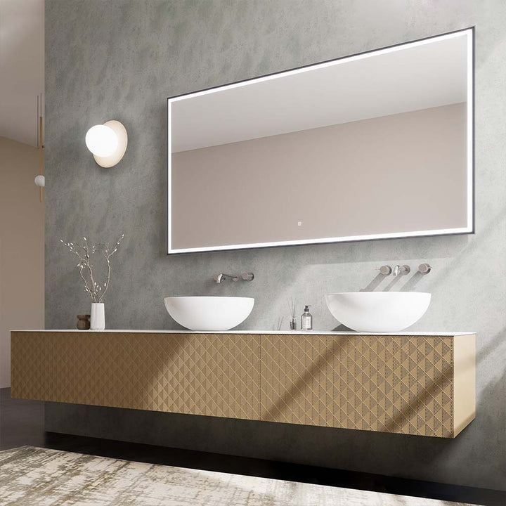 Custom bathroom vanity with double sinks and LED mirror in gold texture