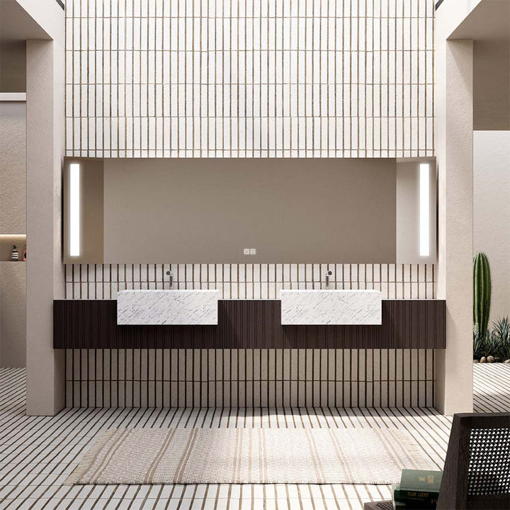 Custom bathroom vanity with double sinks and marble top in modern style