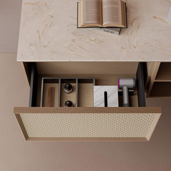 Custom bathroom vanity drawer with organized storage and marble countertop