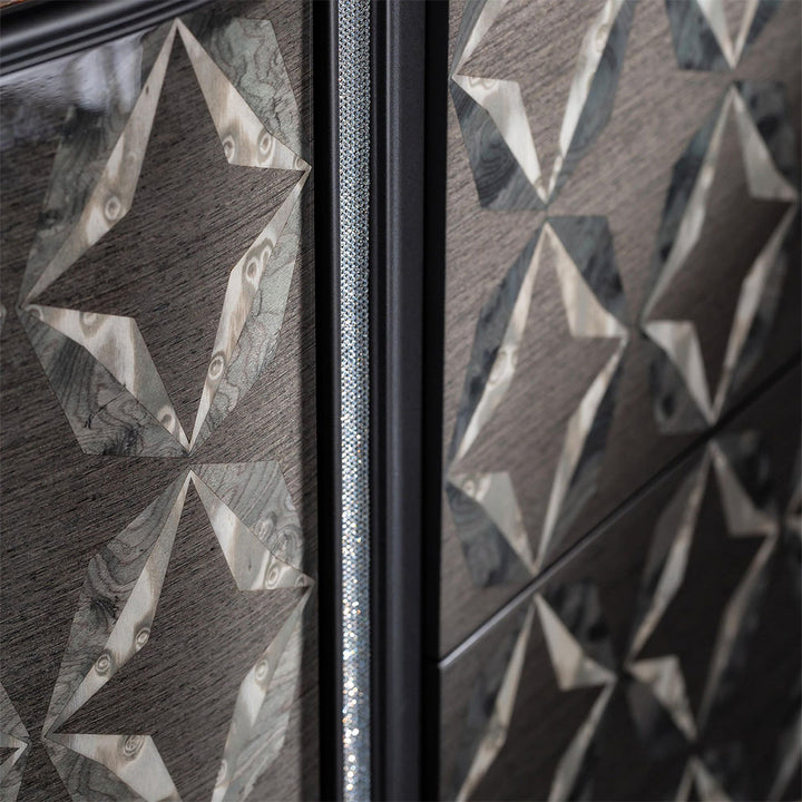 Custom bathroom vanity geometric wood door detail closeup view