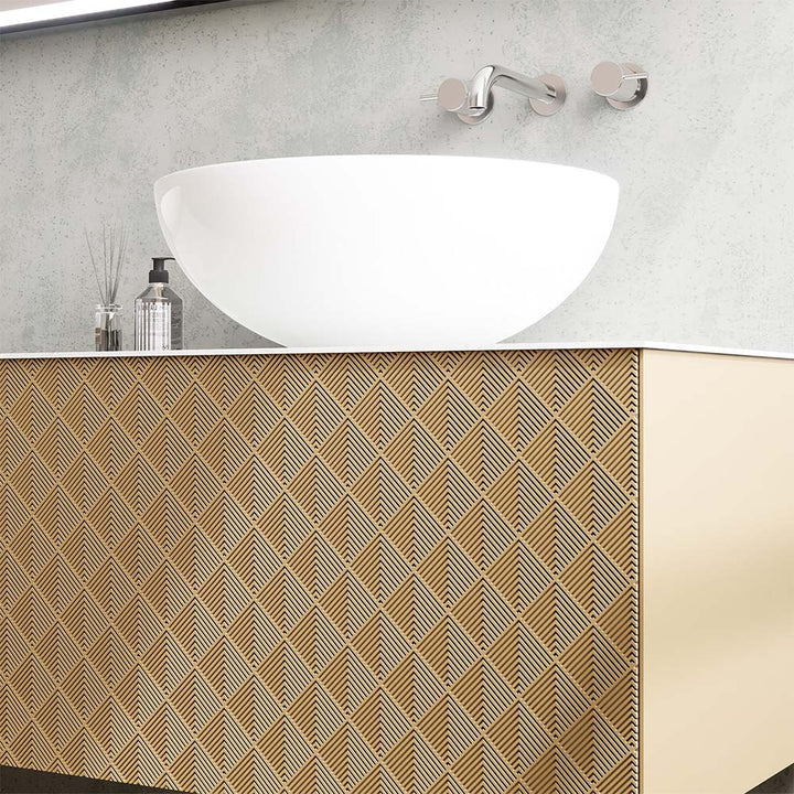 Gold textured front detail with bowl sink on custom bathroom vanity