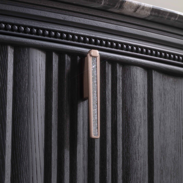 Custom bathroom vanity handle detail with black wood texture