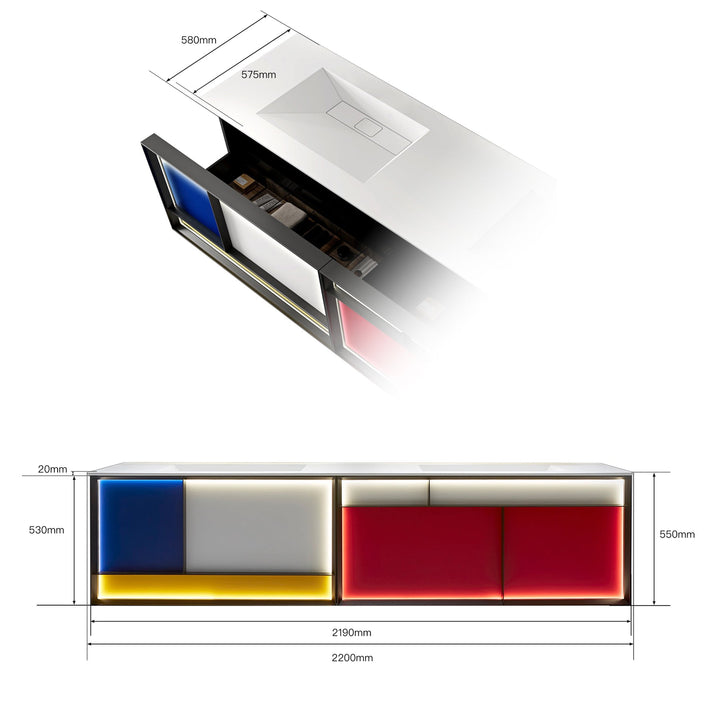 Custom LED colorful bathroom vanity with detailed dimensions view