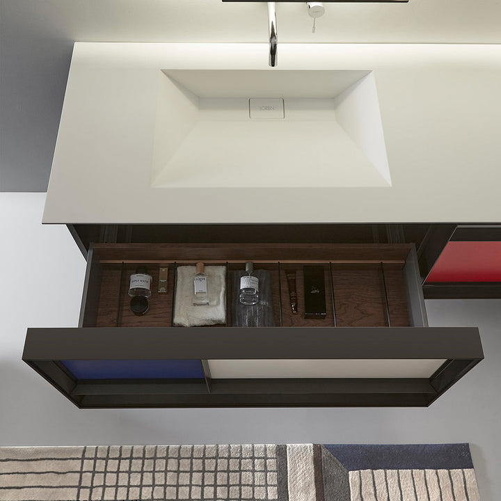 Custom LED bathroom vanity with organized drawer storage design