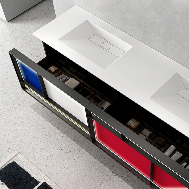 Custom LED bathroom vanity top view with organized storage design