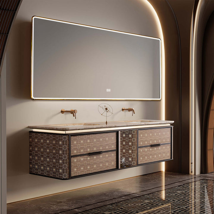 Luxury arched bathroom scene with light wood custom vanity and LED mirror