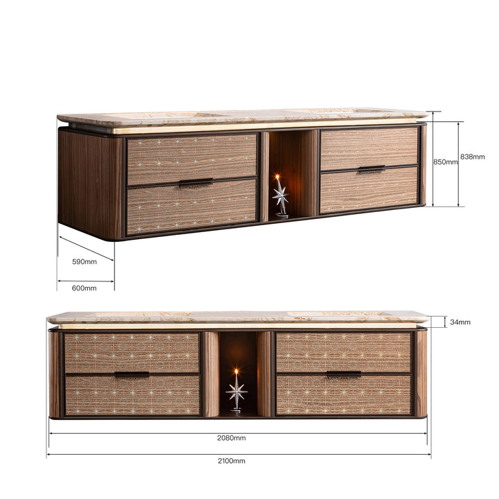 Dimension drawing of light wood custom bathroom vanity with marble countertop