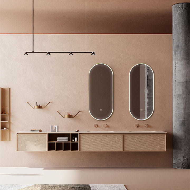 Custom bathroom vanity in light wood with double mirrors and modern design
