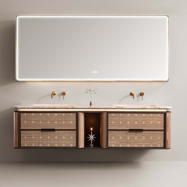 Modern light wood custom bathroom vanity with double sink and LED mirror