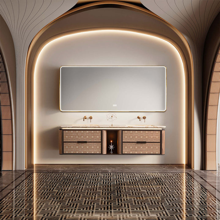 Luxury bathroom scene featuring light wood custom vanity with LED mirror