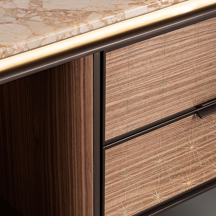 Close up of light wood custom bathroom vanity with marble countertop detail