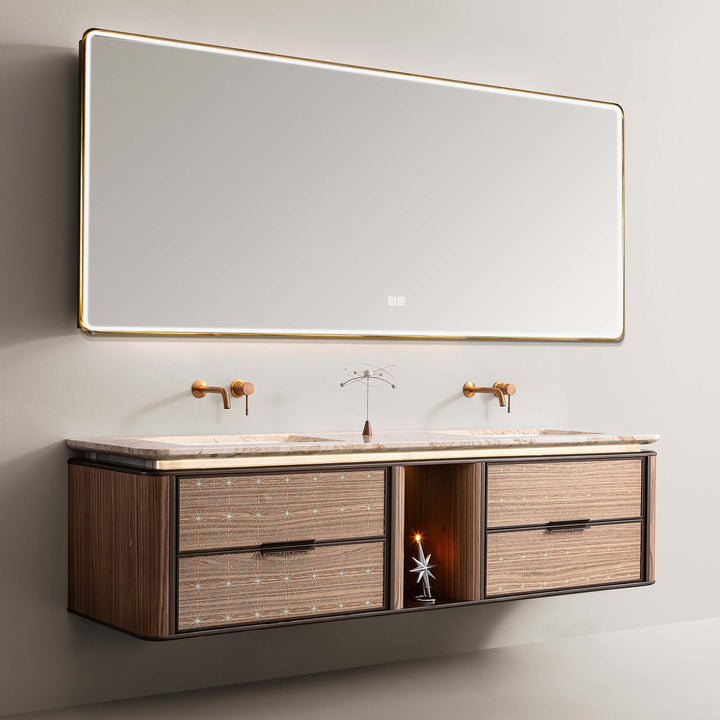 Side view of light wood custom bathroom vanity with LED mirror and gold faucet
