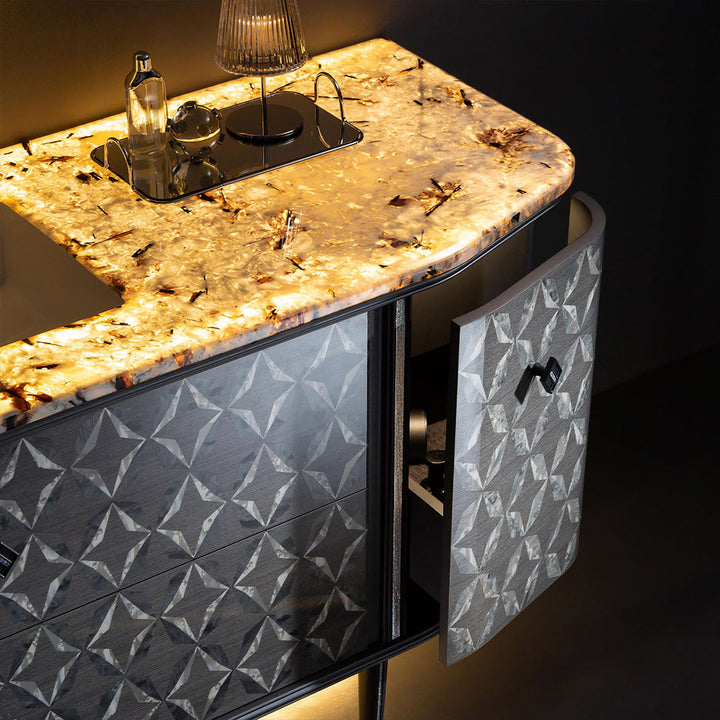 Custom bathroom vanity with lighted onyx top and geometric door detail