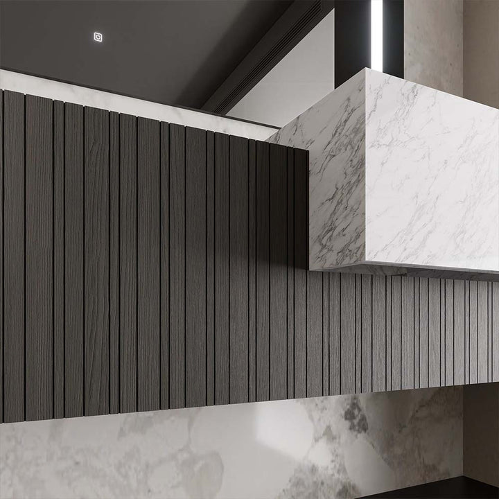 Detail closeup of marble and dark wood custom bathroom vanity