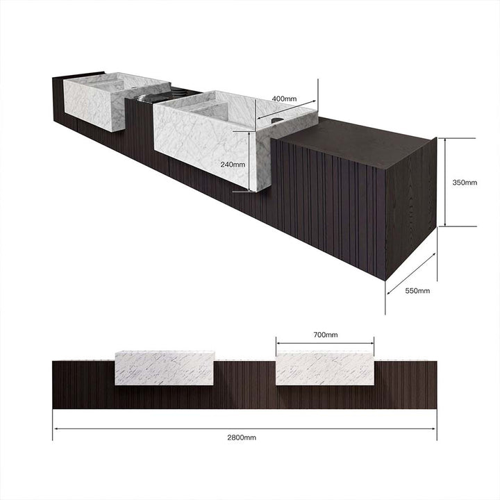 Dimensions diagram of marble double sink custom bathroom vanity