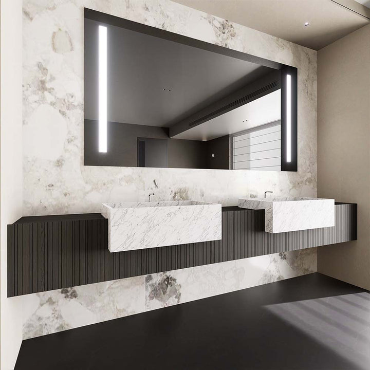 Wall mounted marble double sink custom bathroom vanity side view