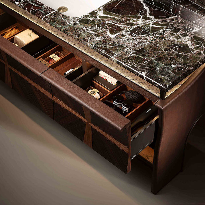 Custom bathroom vanity with marble top and organized storage drawer