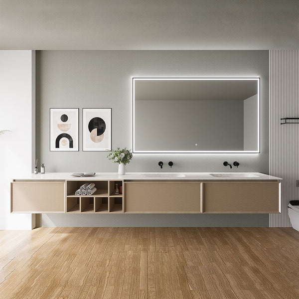 Modern custom bathroom vanity with double sink and wall mounted design