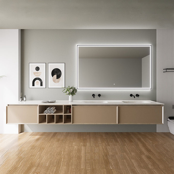 Modern custom bathroom vanity with double sink and wall mounted design