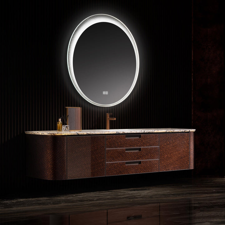 Modern walnut custom bathroom vanity with LED round mirror and marble top