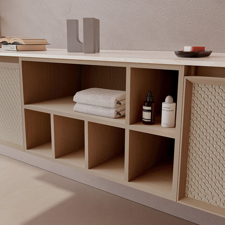Custom bathroom vanity with open shelf storage and organized compartments