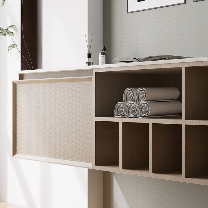Custom bathroom vanity with open storage shelves and textured panel design