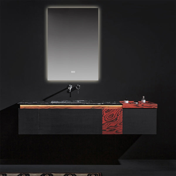 Modern red and black custom bathroom vanity with LED mirror