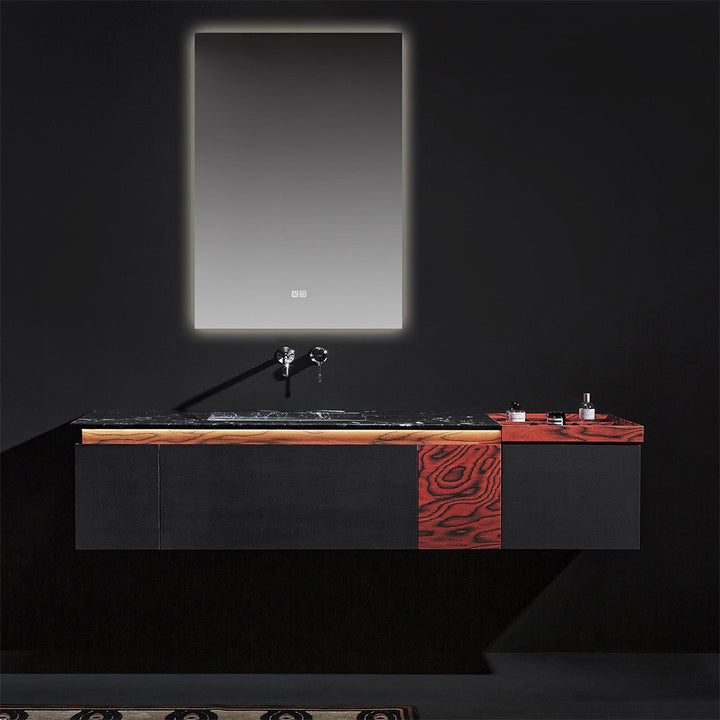 Modern red and black custom bathroom vanity with LED mirror