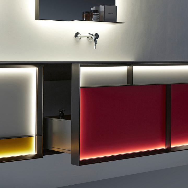 Modern custom bathroom vanity with red panel and LED lighting detail