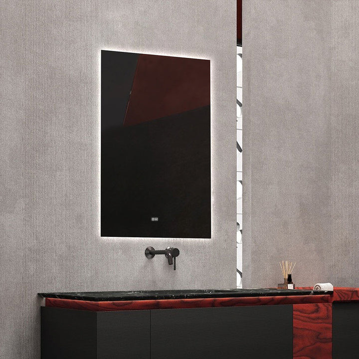 Custom bathroom vanity with red wood, black marble top and LED mirror