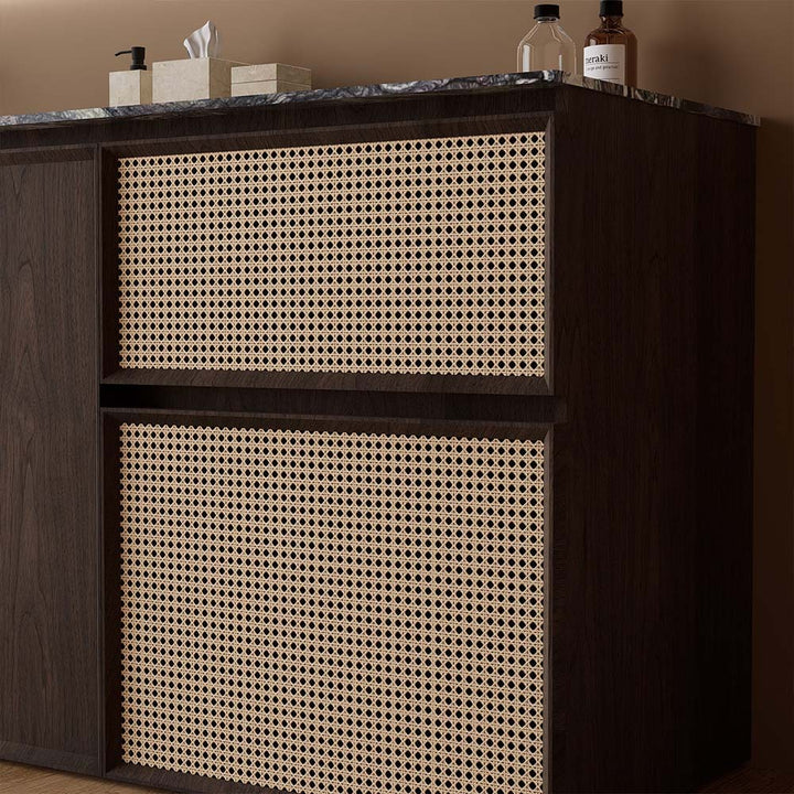 Side panel detail of custom bathroom vanity with rattan texture finish