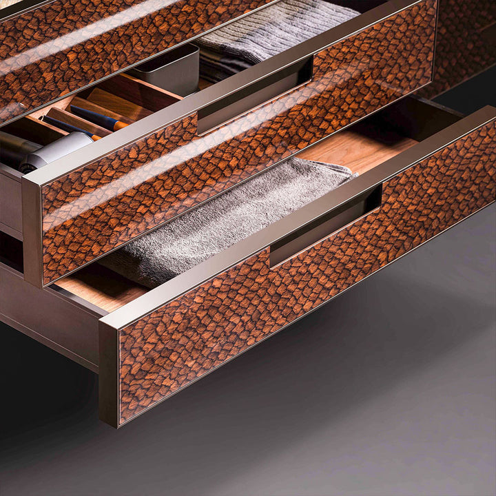 Open storage drawers of walnut custom bathroom vanity showing interior space