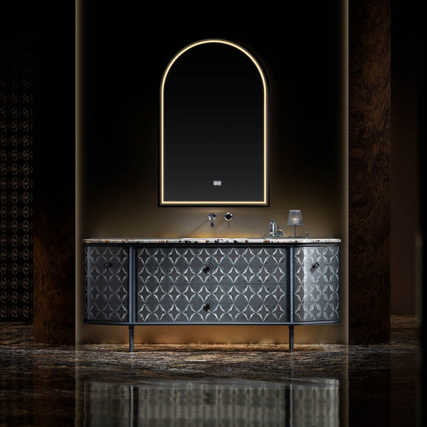 Custom bathroom vanity with arched LED mirror in dark luxury style