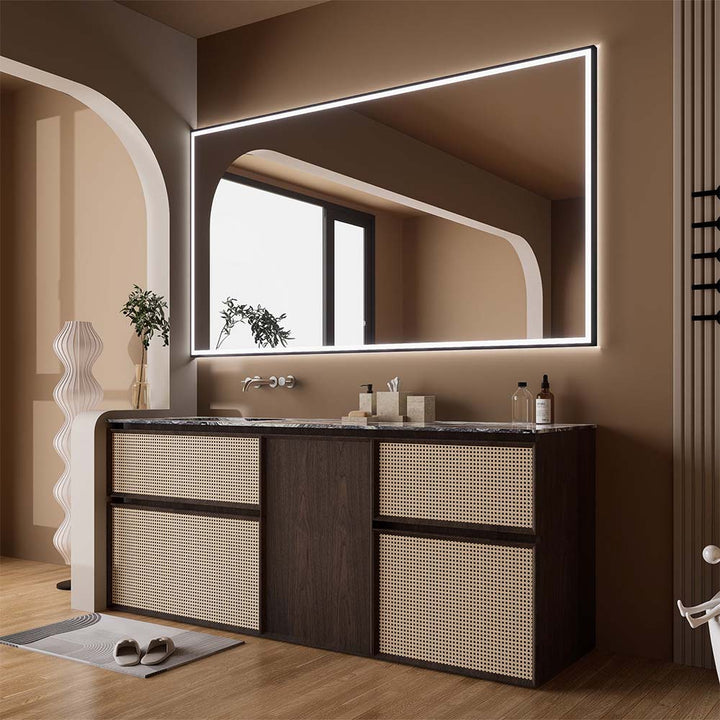 Modern custom bathroom vanity with LED mirror in walnut finish