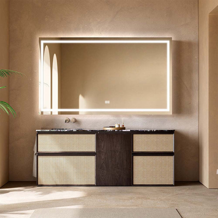 Custom bathroom vanity with LED mirror and walnut wood finish