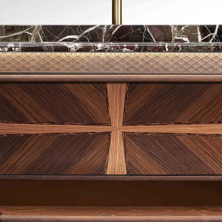 Custom bathroom vanity wood front with marble countertop detail