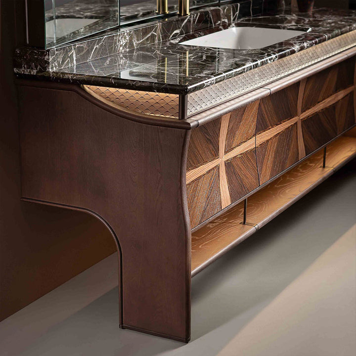 Custom bathroom vanity side design with wood finish and marble top