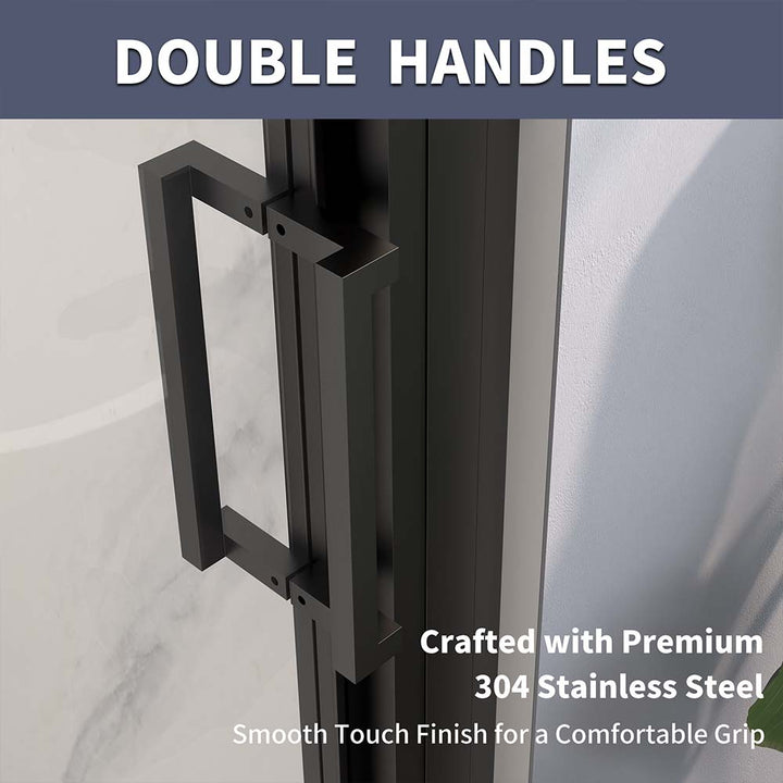 Black shower door with double handles crafted from premium 304 stainless steel.