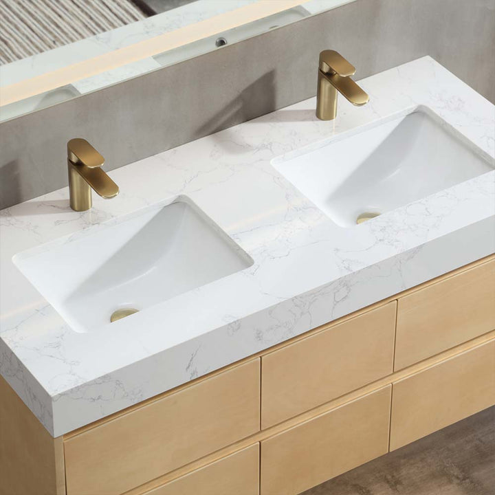 Double sink marble vanity top with gold faucet and modern design