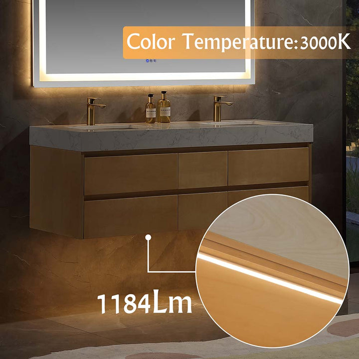 Double vanity with LED lighting, 3000K color temperature, and 1184Lm brightness