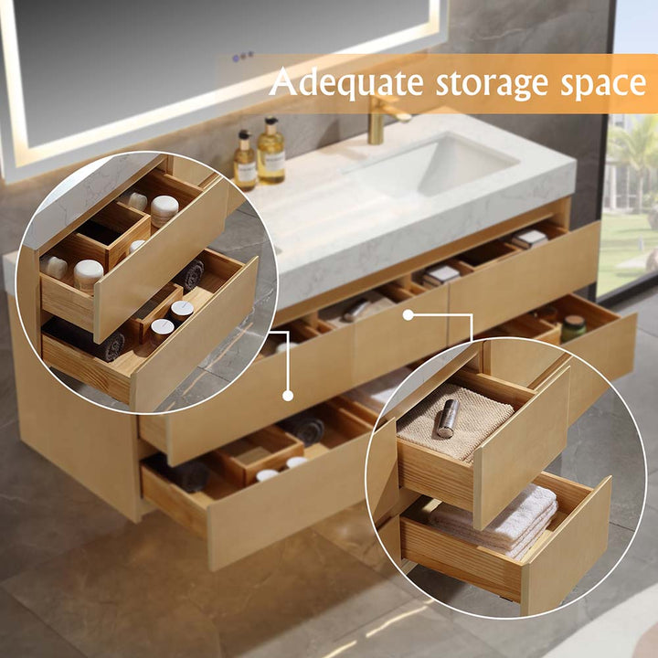 Double vanity with ample storage space, marble countertop, and pull-out drawers