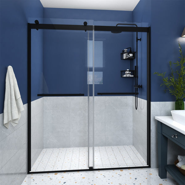 Glide 56"-60" W x 74" H Matte Black Framed Sliding Glass Shower Doors with 8mm thick Clear Glass