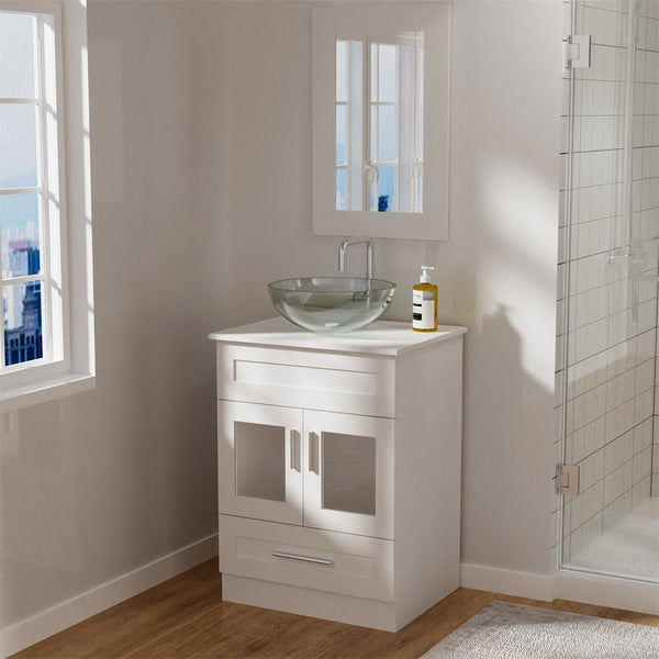 24 in.W x 19 in.D x 32.3 in.H White Wooden Minimalist Bathroom Cabinet Vanity with Mirrors,Single Floor