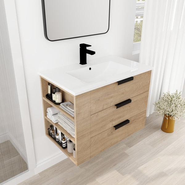 Modland 30" Oak Bathroom Vanity With Top Adjustable Side Shelf