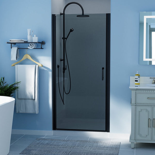 Chic 36-37.5" W x 72" H Pivot Shower Door Matte Black Smoke Gray Glass Shower Door with Handle