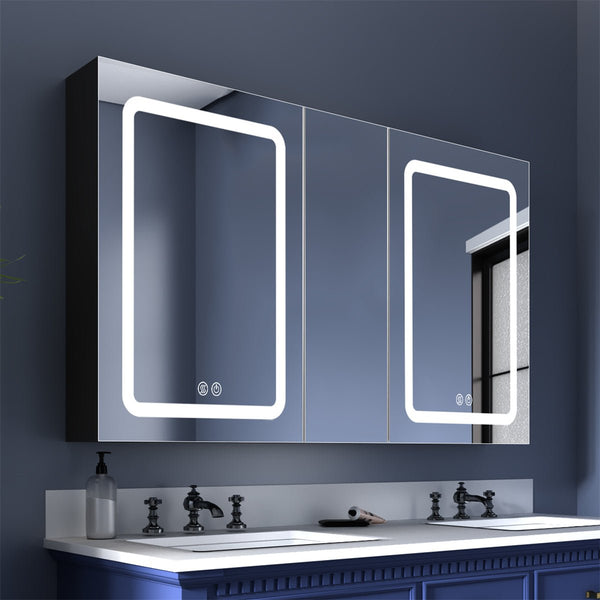 50 in. W x 30 in. H LED Bathroom Black Medicine Cabinet Surface Mount Double Door Lighted Medicine Cabinet Defogging Dimmer