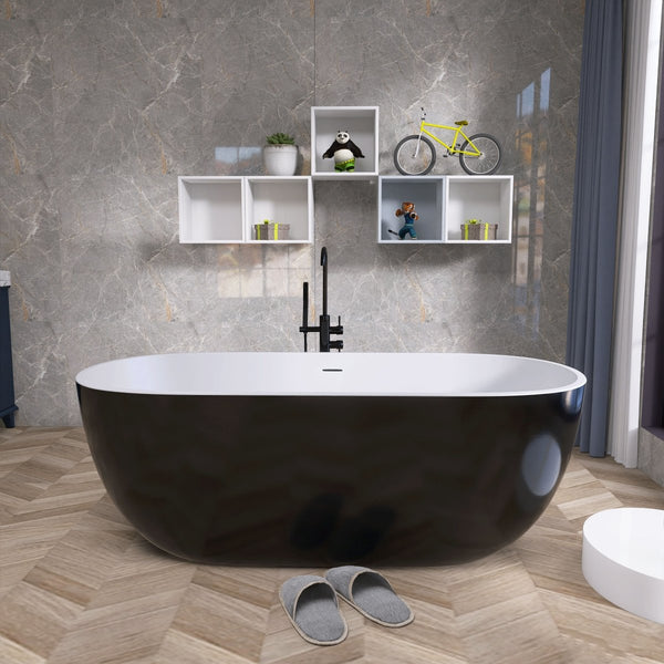 55"x29" Acrylic Bathtub Free Standing Tub Classic Oval Soaking Tub Adjustable Freestanding Black